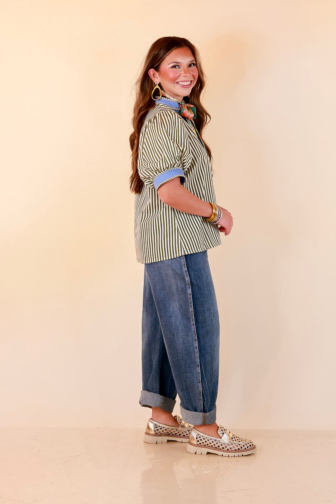 Pop of Polish Short Puff Sleeve Button Front Top with Contrast Trim in White, Olive Green and Periwinkle Blue