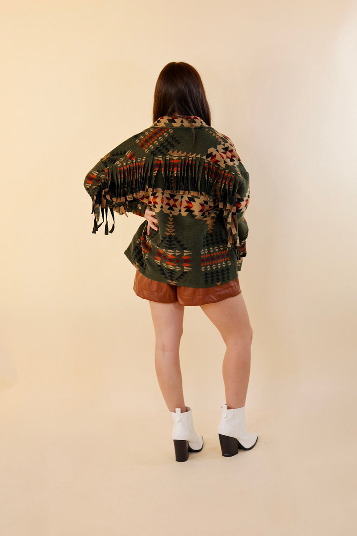Take Over Aztec Print Button Up Jacket with Fringe in Olive Green - Giddy Up Glamour Boutique