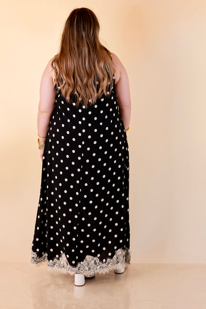 Sweet Little Something Polka Dot Sleeveless Maxi Dress with Lace Trim in Black