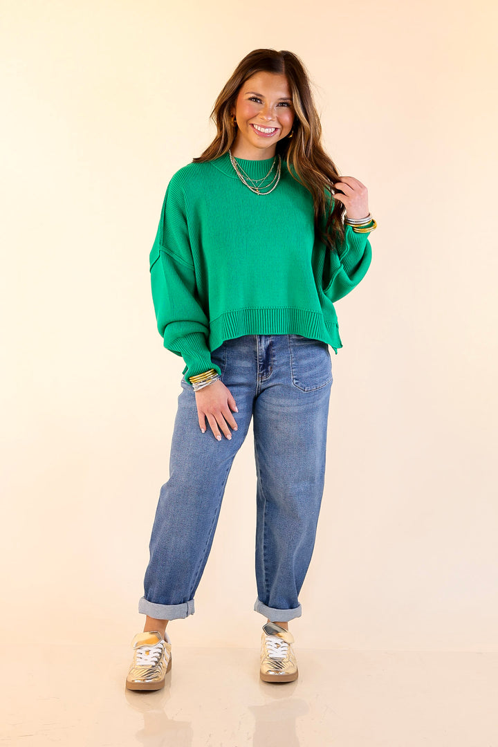 Fireside Fit Cropped Long Sleeve Mock Neck Sweater in Kelly Green