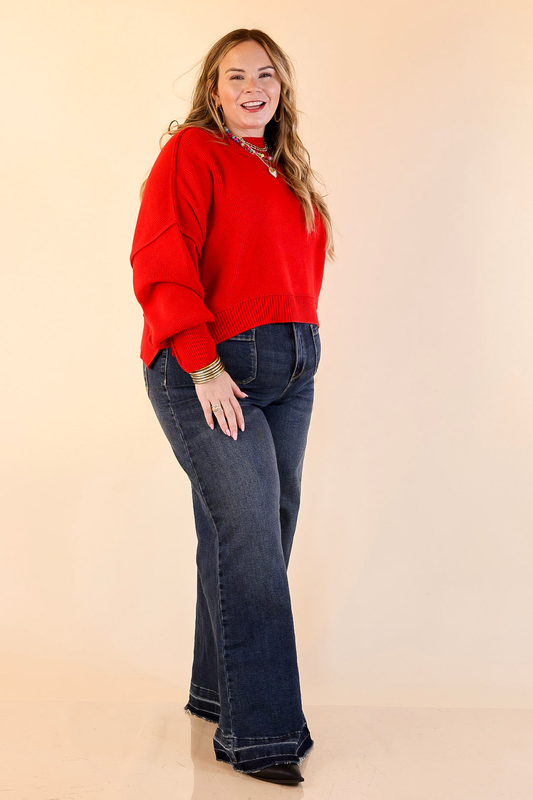 Fireside Fit Cropped Long Sleeve Mock Neck Sweater in Red