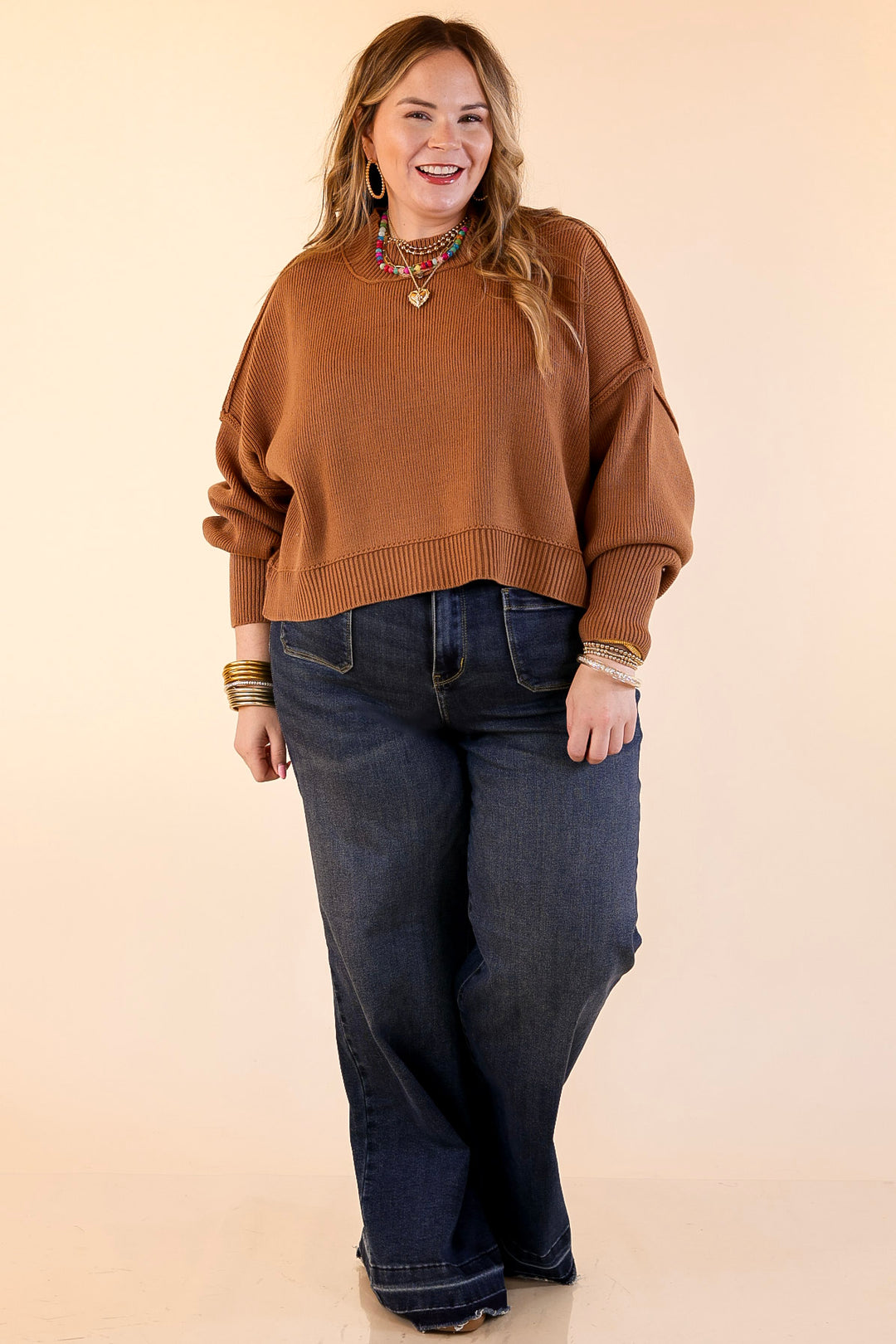 Fireside Fit Cropped Long Sleeve Mock Neck Sweater in Camel Brown