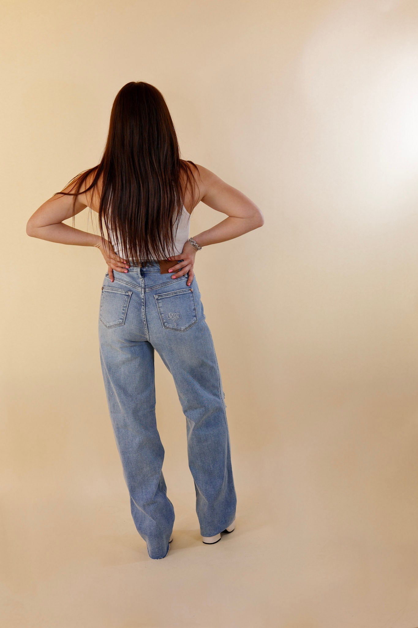 Judy Blue | Along The Drive Destroy Knee 90's Straight Leg Jeans in Light Wash - Giddy Up Glamour Boutique