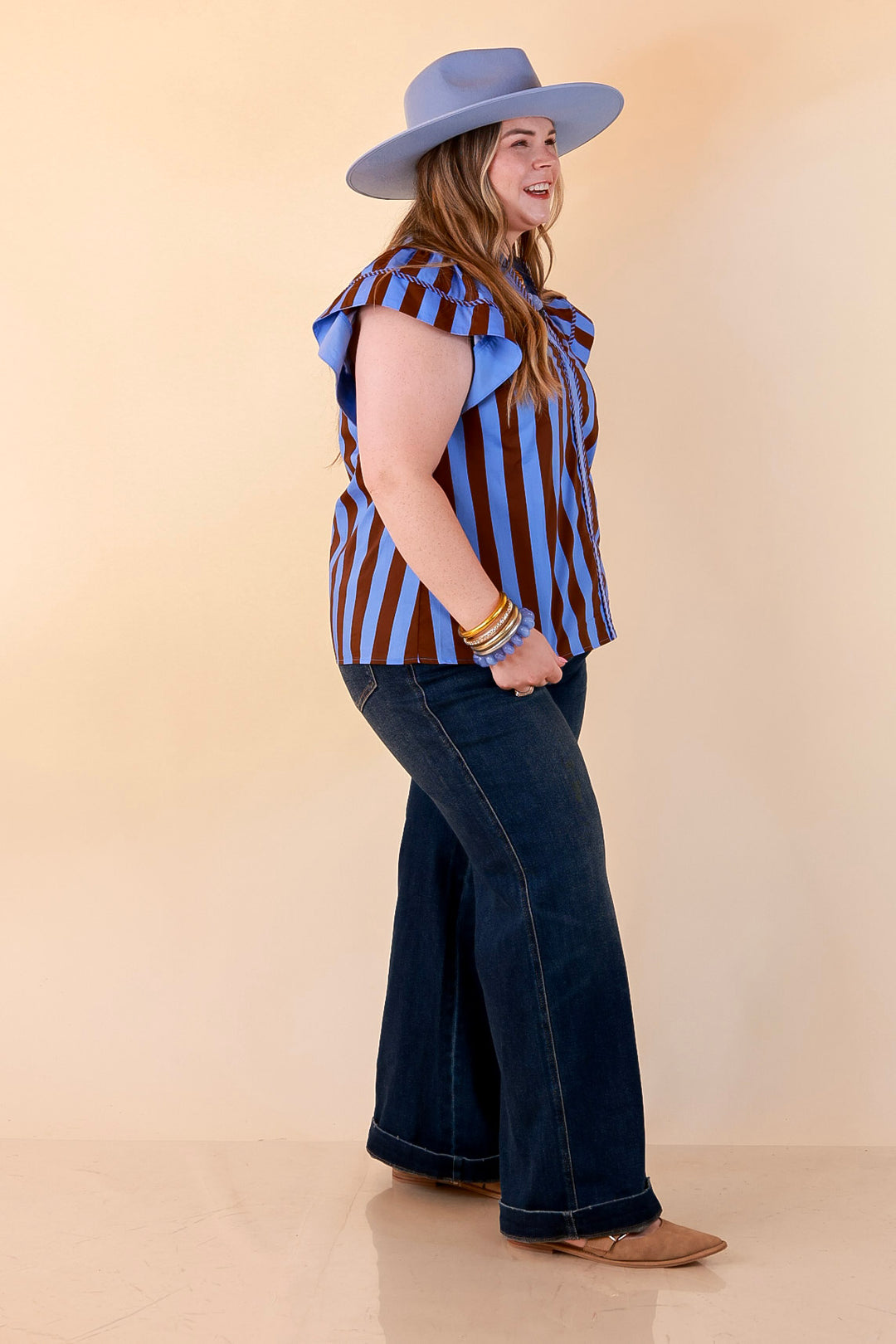 Simply Refined Striped Short Ruffle Sleeve Split Neck Stripe Top in Periwinkle Blue and Chocolate Brown