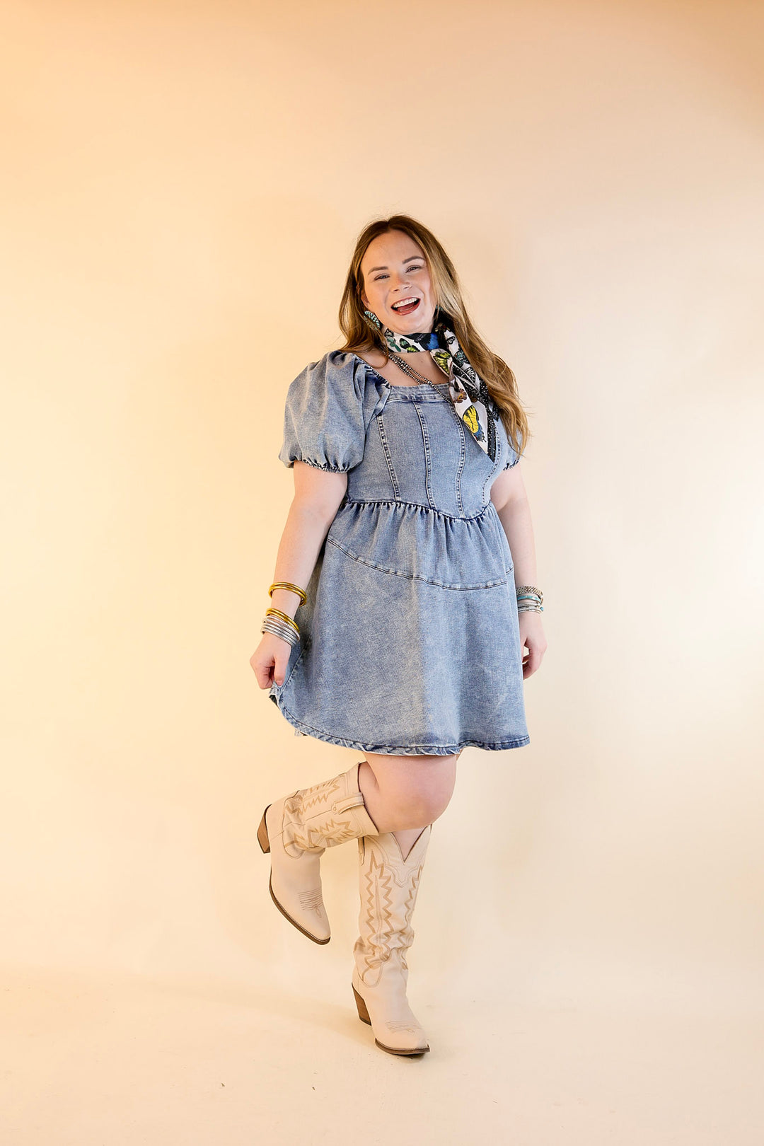 Denim Delight Babydoll Dress with Puff Sleeves in Medium Wash