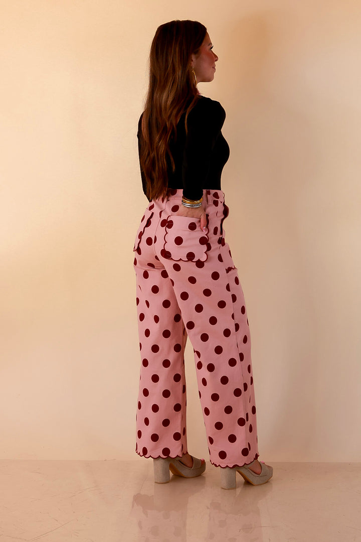 Polished Play Polka Dot Print Wide Leg Denim Pants with Scallop Detailing in Blush Pink and Maroon