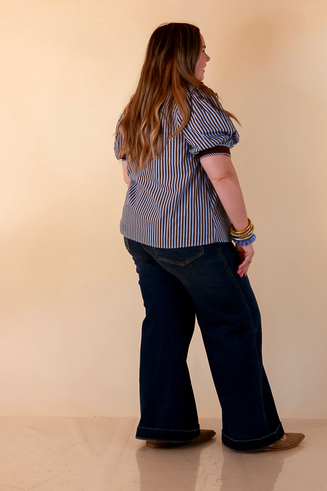 Pop of Polish Short Puff Sleeve Button Front Top with Contrast Trim in Blue and Brown