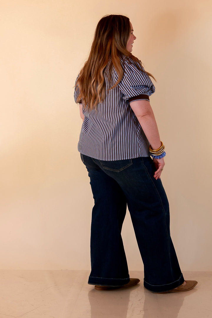 Pop of Polish Short Puff Sleeve Button Front Top with Contrast Trim in Blue and Brown
