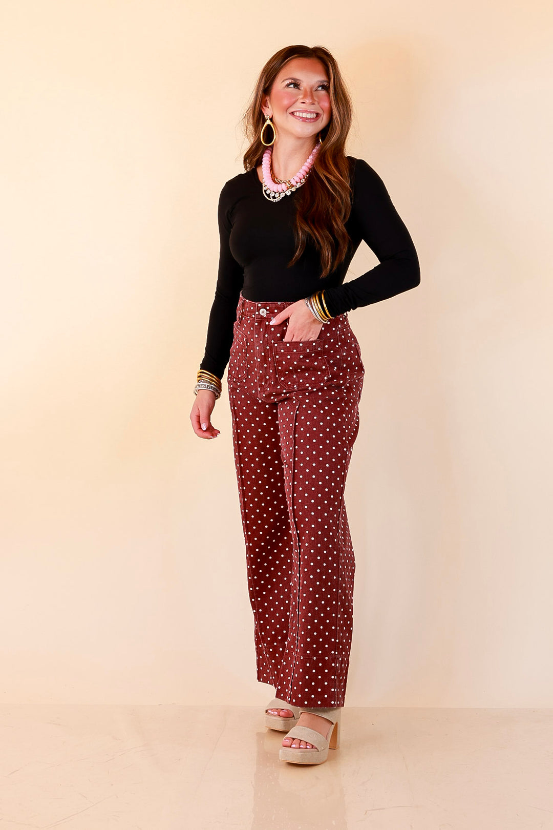 Rosy Outlook Polka Dot Print Wide Leg Denim Pants with Front Seam and Pockets in Maroon