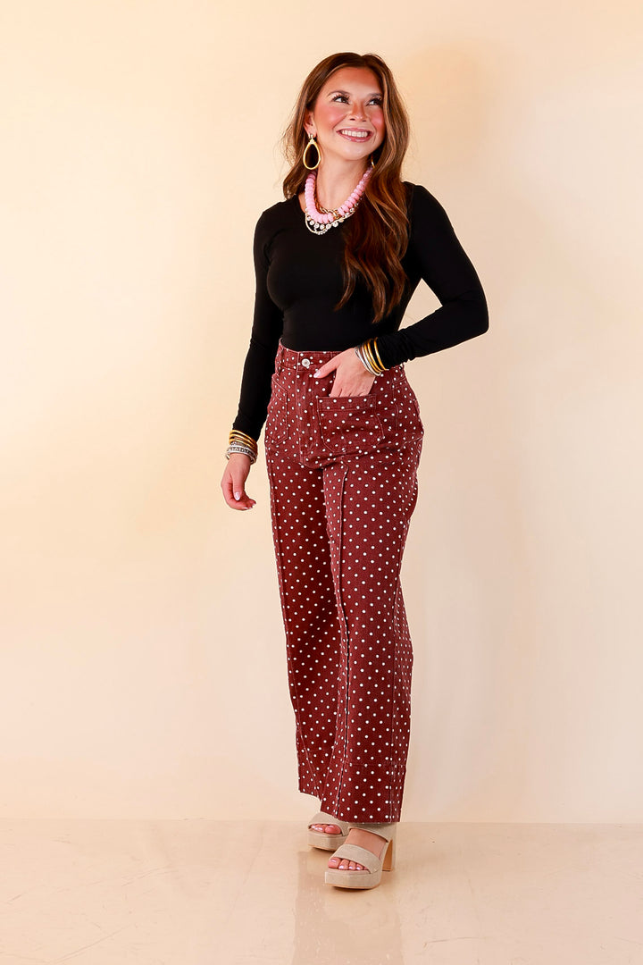 Rosy Outlook Polka Dot Print Wide Leg Denim Pants with Front Seam and Pockets in Maroon