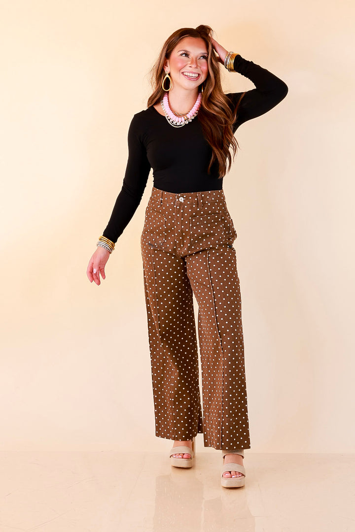Rosy Outlook Polka Dot Print Wide Leg Denim Pants with Front Seam and Pockets in Chocolate Brown