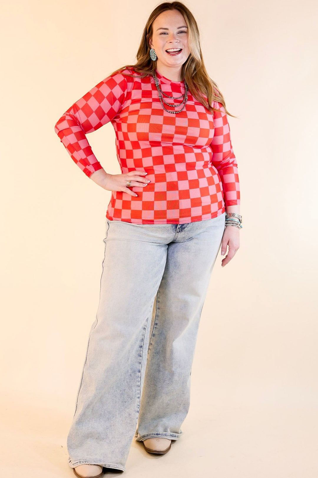 Western Dream Checkered Mesh Long Sleeve Top in Pink and Red
