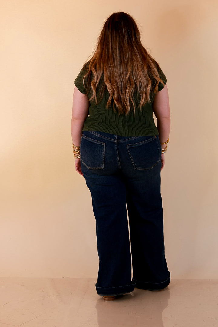 Repeat Worthy Cap Sleeve Cropped Sweater with Front Pocket in Olive Green