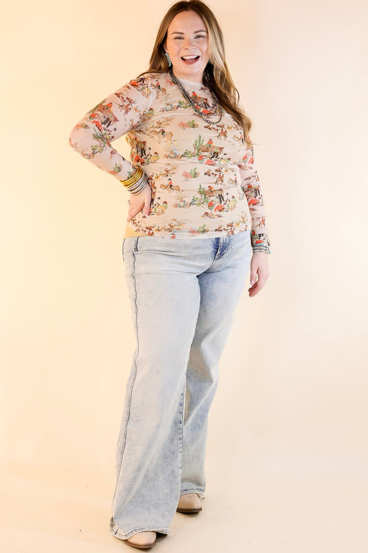 Western Dream Mesh Long Sleeve Top with Retro Western Print in Tan