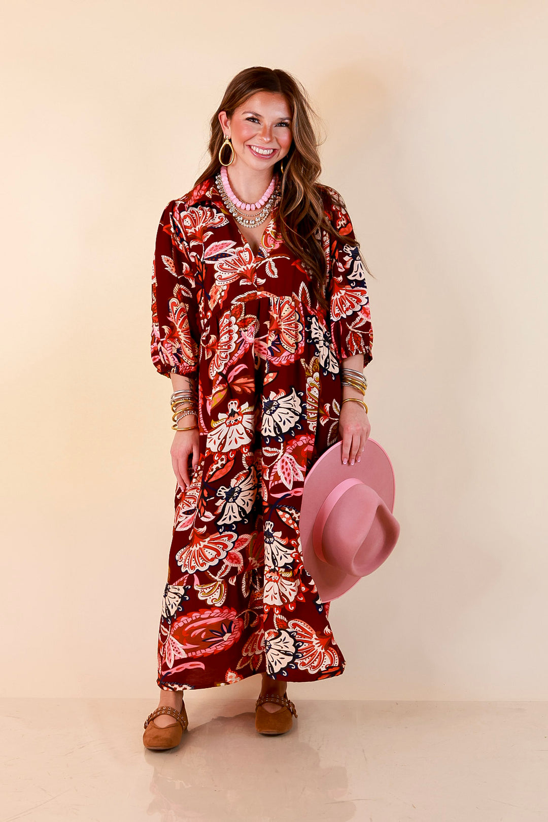 Season of Style Floral Print V Neck 3/4 Sleeve Collared Tiered Midi Dress in Maroon Multi
