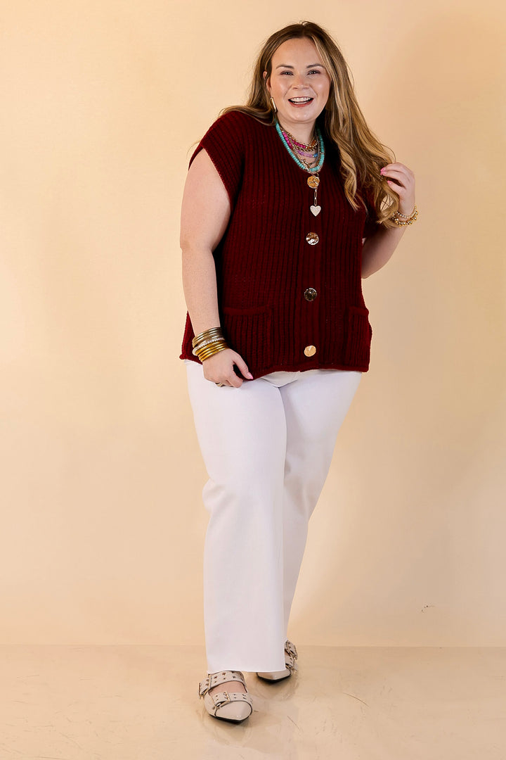 Always Effortless Oversized Button Down Large Knit Sweater Vest in Maroon