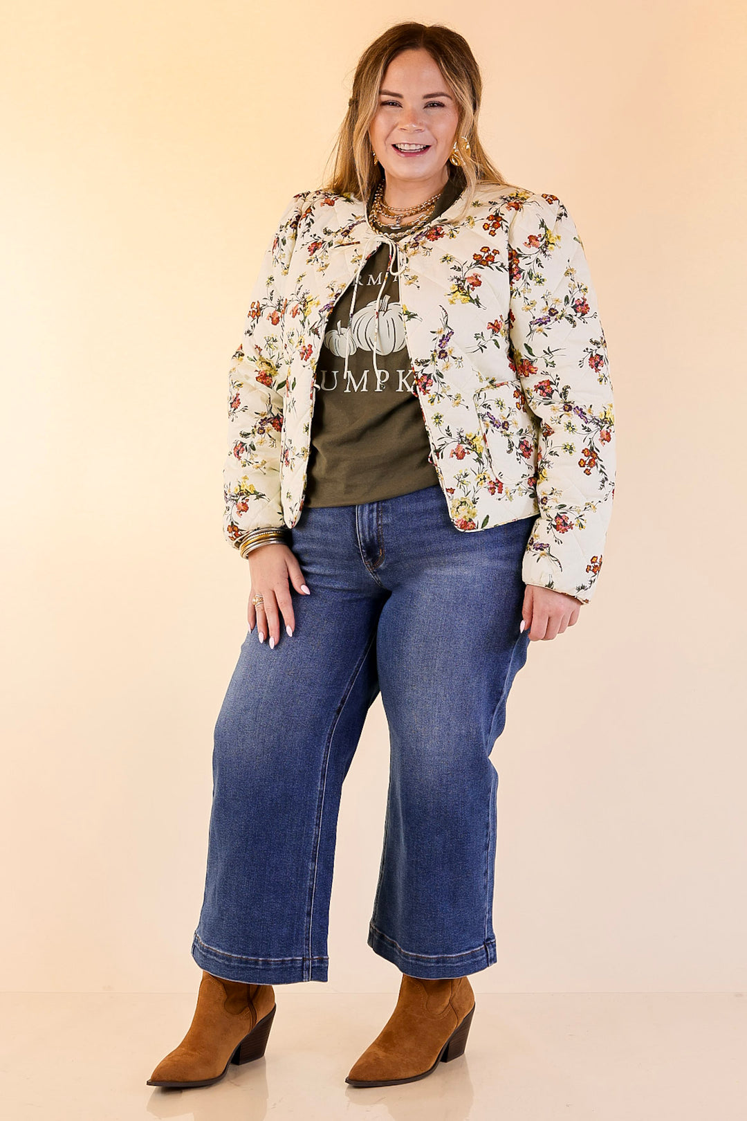 Chic in Bloom Quilted Floral Jacket with Front Ties in Ivory