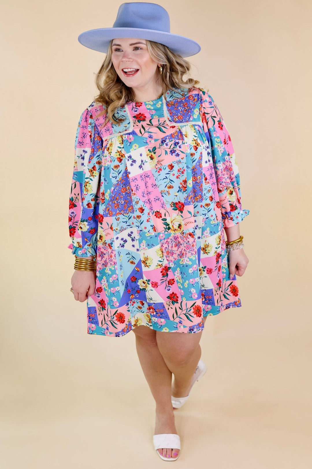 Floral Paradise Floral Patch Pattern Dress in Blue and Pink - Giddy Up Glamour Boutique