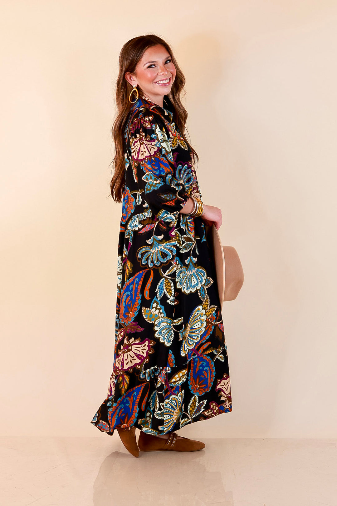 Season of Style Floral Print V Neck 3/4 Sleeve Collared Tiered Midi Dress in Black Multi