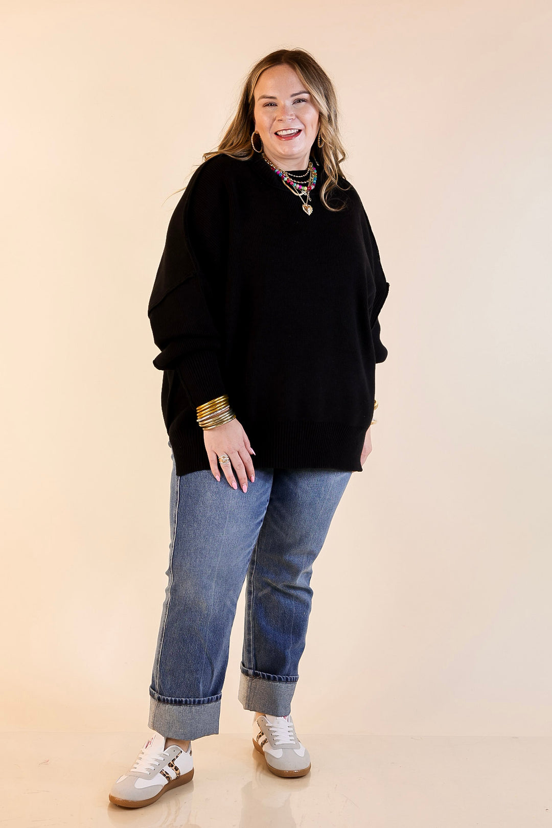 Snug and Stylish Mock Neck Sweater with Side Slit in Black