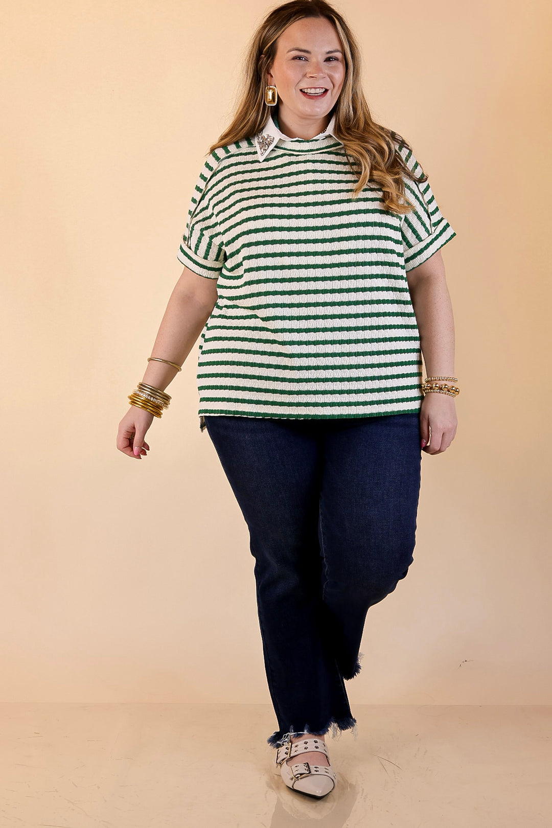 On The Daily Scoop Neck Short Sleeve Striped Textured Top in Kelly Green