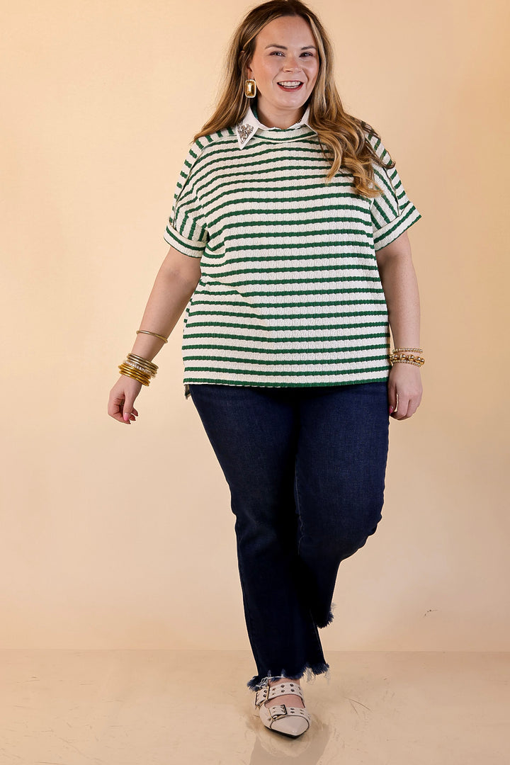 On The Daily Scoop Neck Short Sleeve Striped Textured Top in Kelly Green