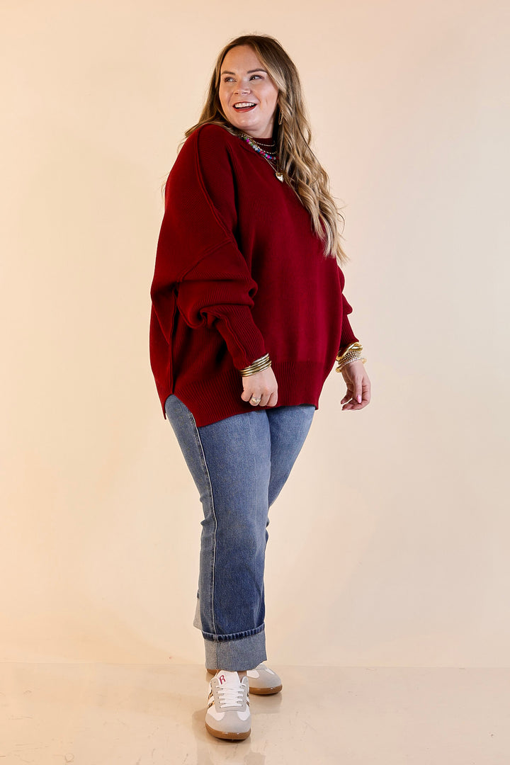 Snug and Stylish Mock Neck Sweater with Side Slit in Maroon
