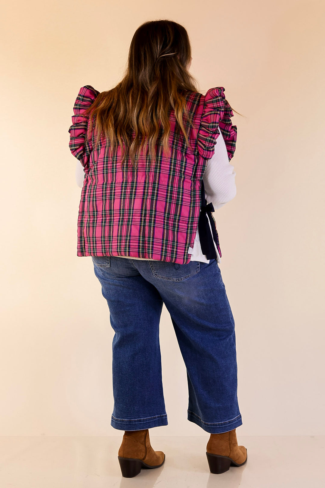 Mud Pie | Jefferies Quilted Plaid Reversible Vest with Ruffle Cap Sleeves and Bow Side Closure in Pink