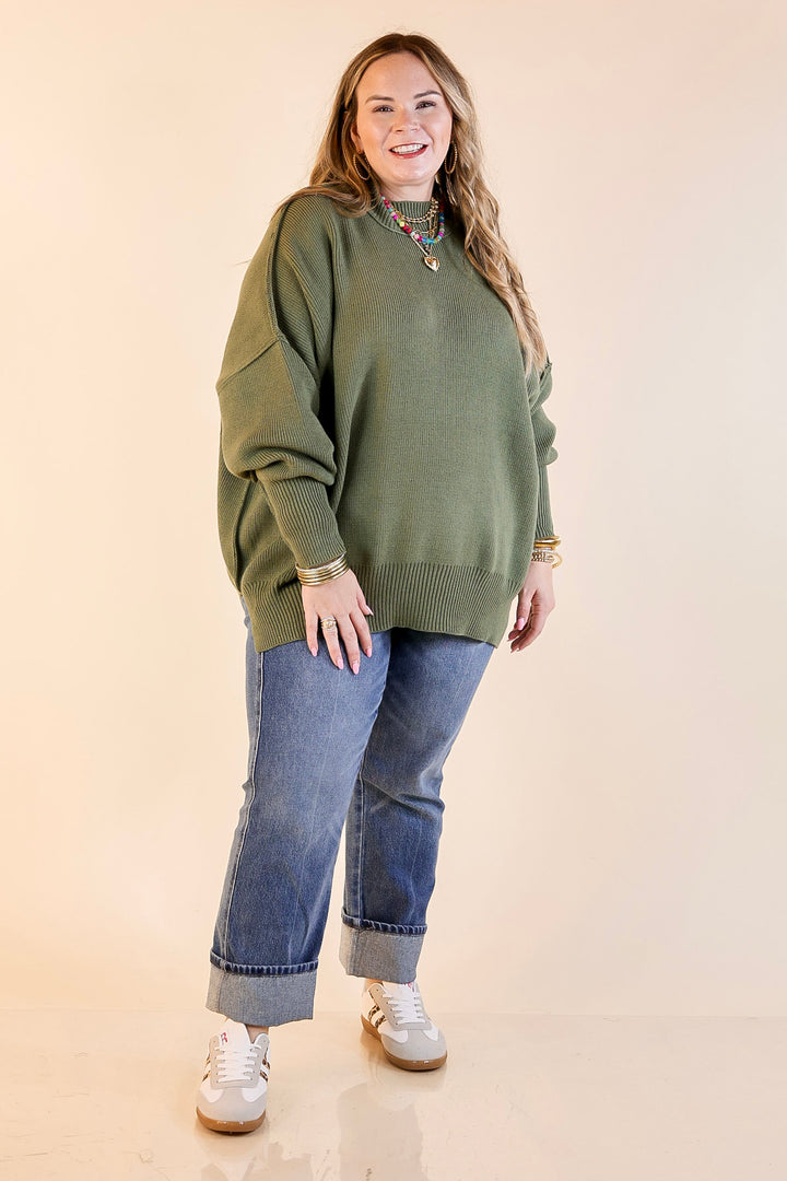 Snug and Stylish Mock Neck Sweater with Side Slit in Olive Green