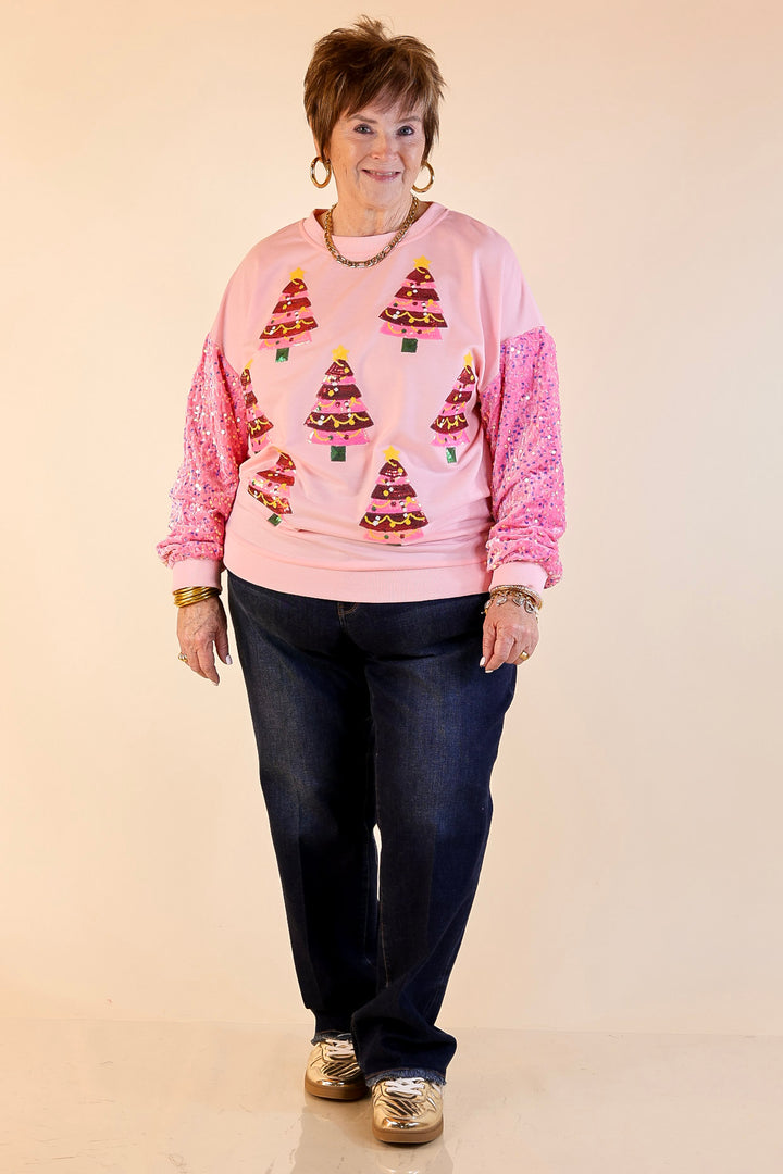 Sequin Pink Christmas Trees Crewneck Sweatshirt with Velvet Sleeves in Light Pink