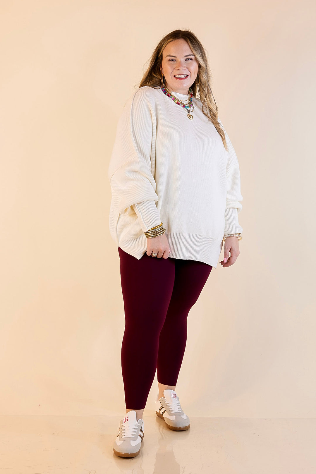 Snug and Stylish Mock Neck Sweater with Side Slit in Ivory