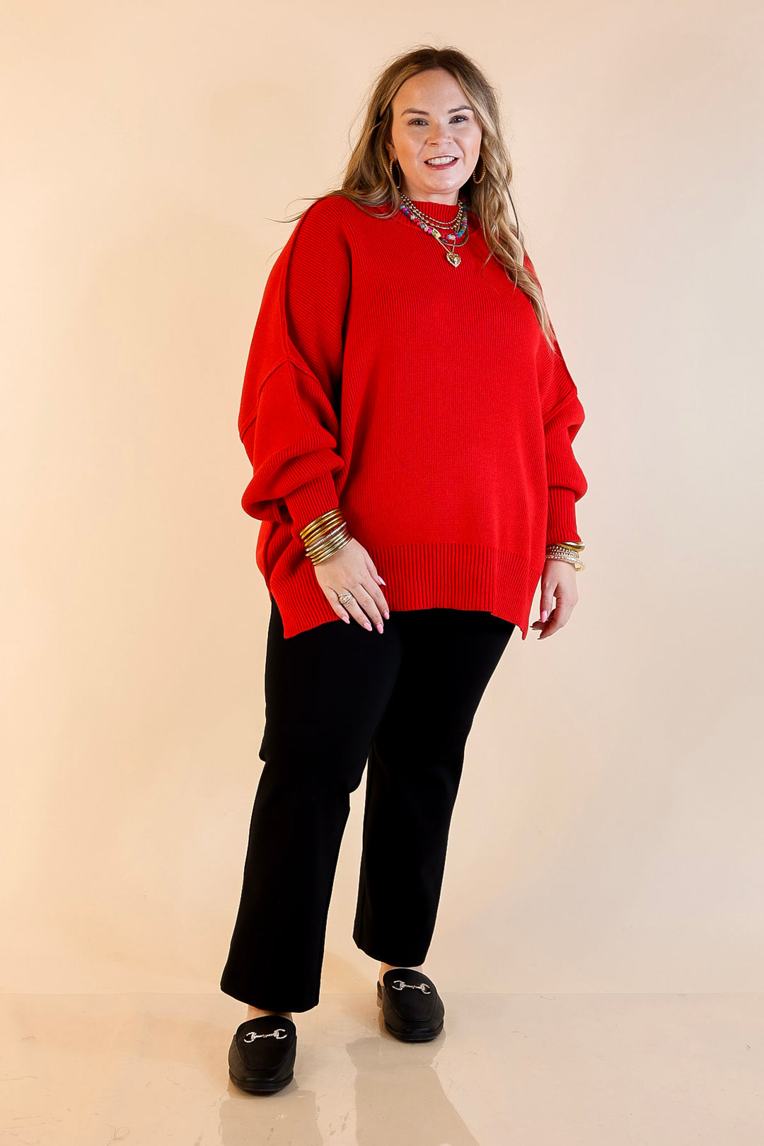 Snug and Stylish Mock Neck Sweater with Side Slit in Ruby Red