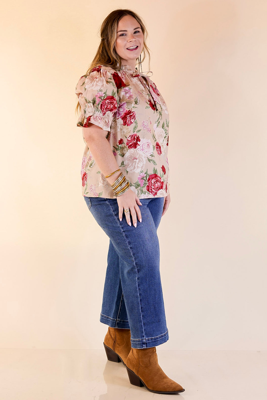Freshly Picked Floral Print Top with Short Puff Sleeves in Beige