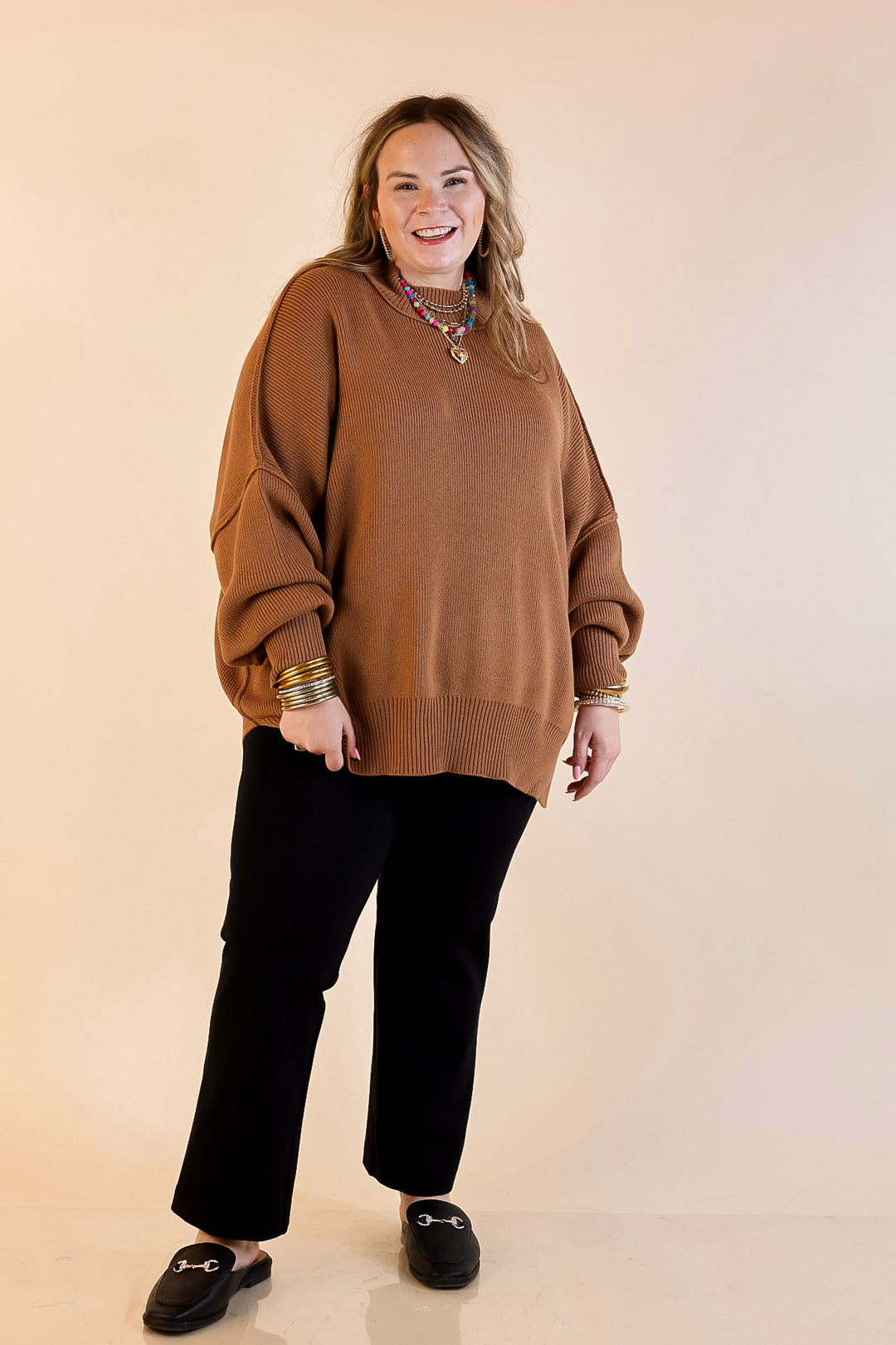 Snug and Stylish Mock Neck Sweater with Side Slit in Camel Brown