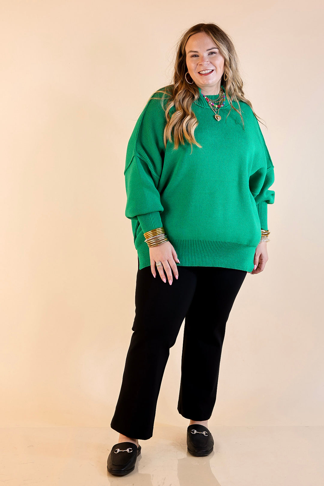 Snug and Stylish Mock Neck Sweater with Side Slit in Kelly Green