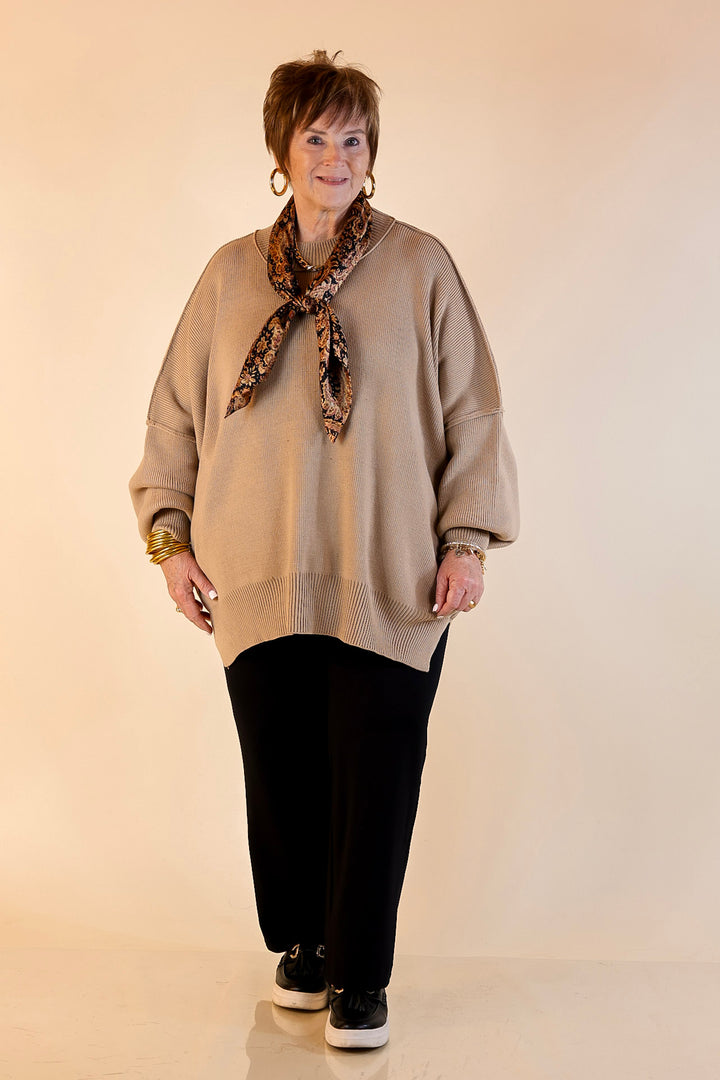 Snug and Stylish Mock Neck Sweater with Side Slit in Light Mocha Brown