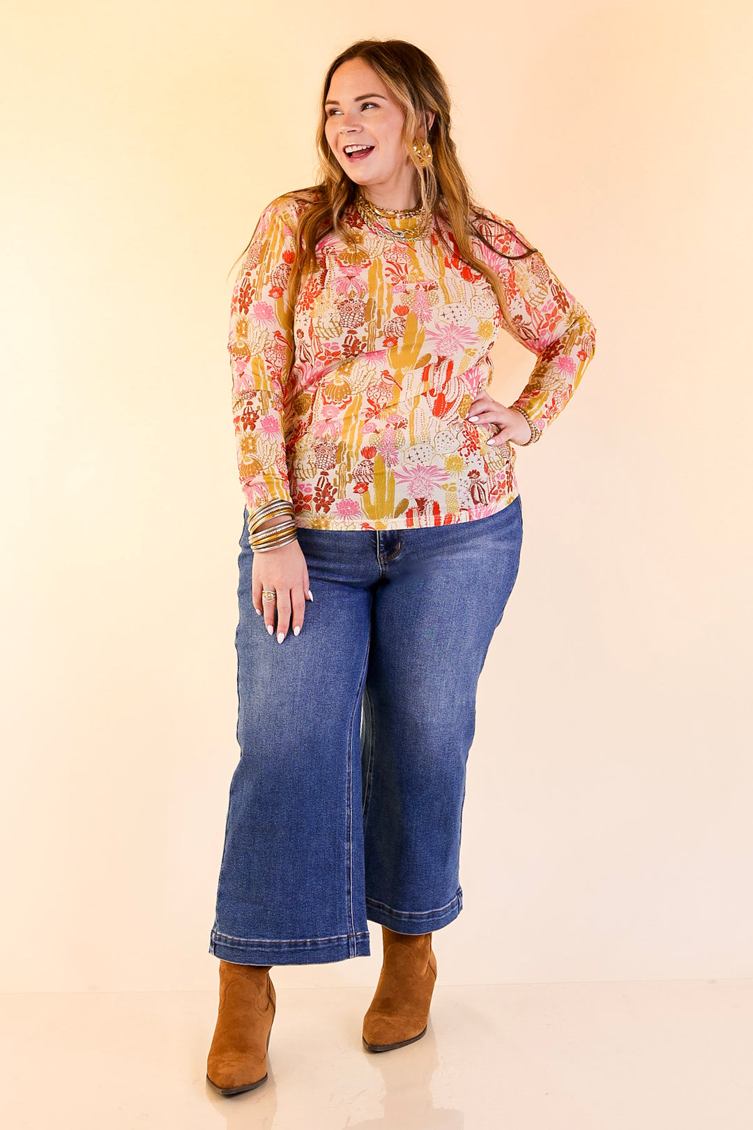 Western Dream Cacti Print Mesh Long Sleeve Top in Cream, Olive Green and Pink