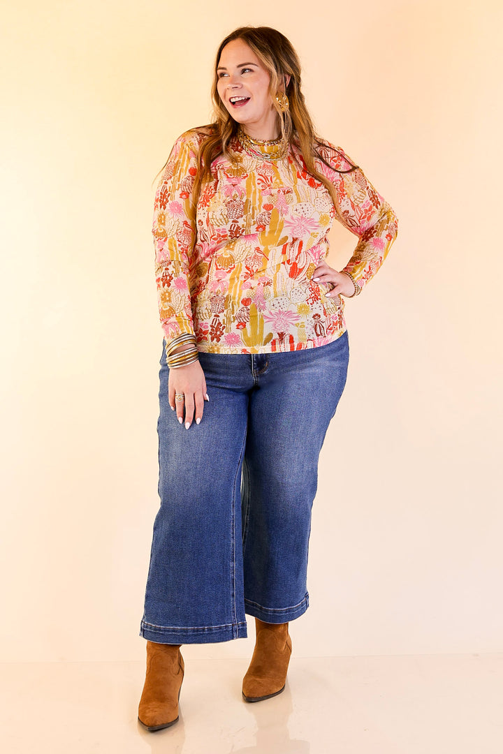 Western Dream Cacti Print Mesh Long Sleeve Top in Cream, Olive Green and Pink