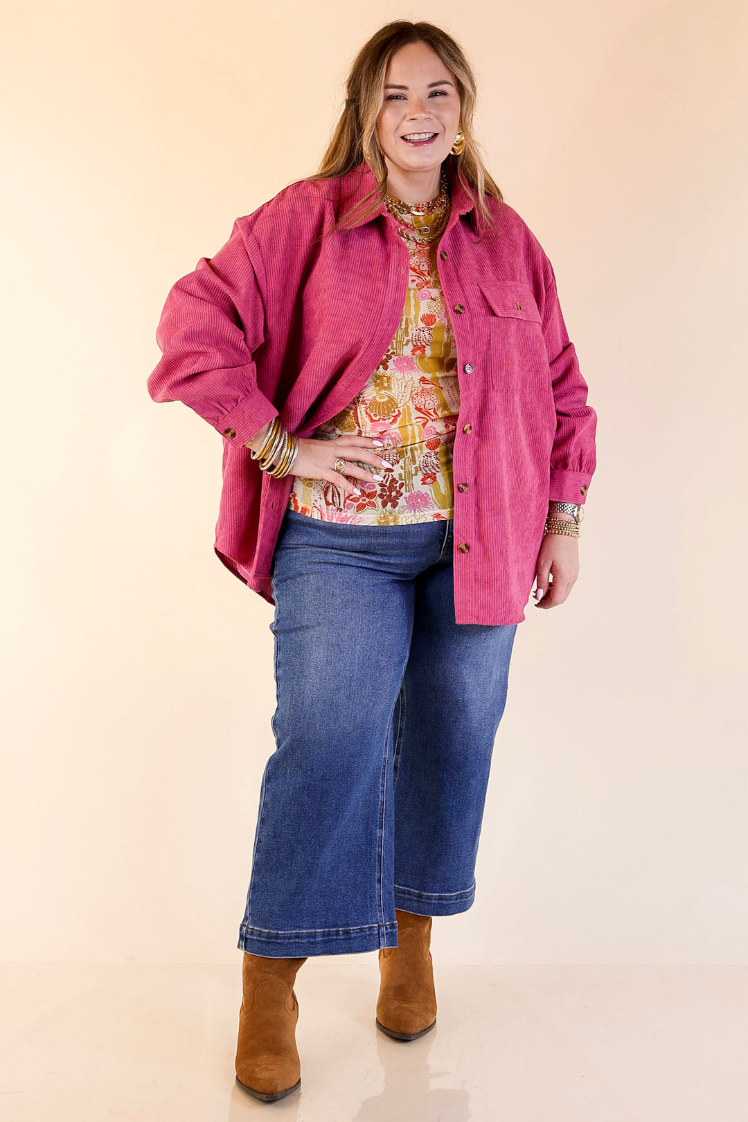 All Dolled Up Button Up Corduroy Shacket in Orchid Pink