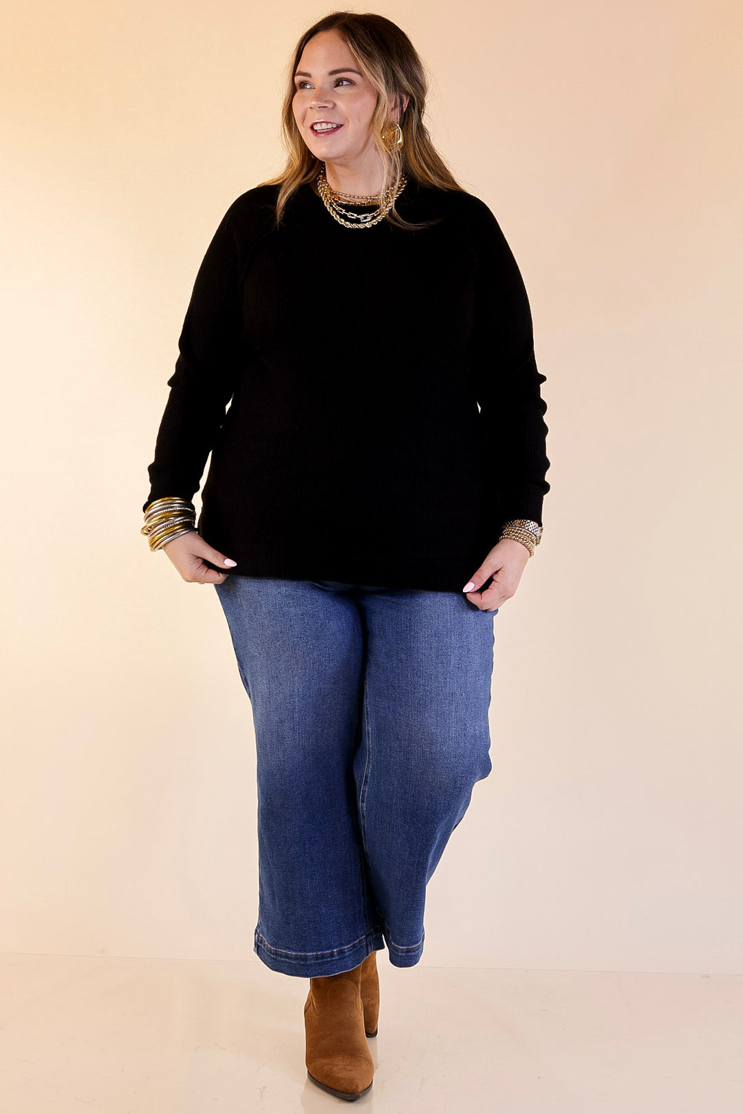 Essentially Chic Waffle Knit Long Sleeve Scoop Neck Top in Black