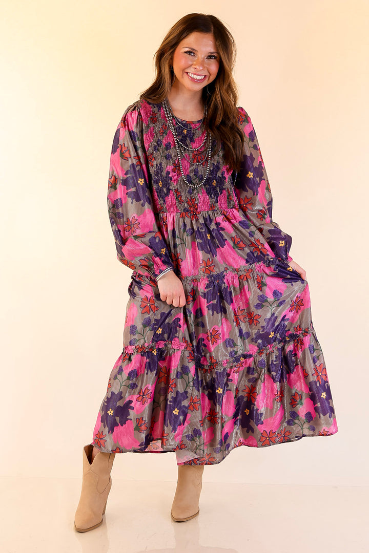 Mud Pie | Shaffer Smocked Bodice Long Sleeve Midi Dress with Tiered Skirt in Pink Mix