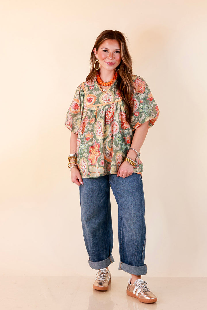 Blooming Days Ahead Paisley Print V Neck Blouse with Puff Sleeves, Ruffle Trim Collar and Lace Trim Yoke in Olive Green Mix