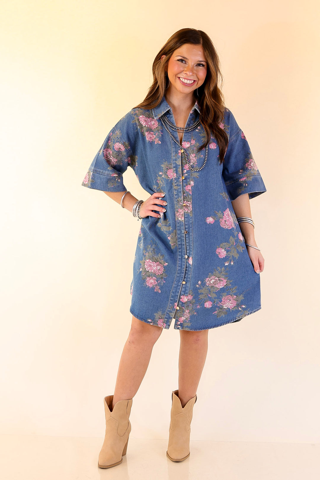 Flirting with Florals Floral Denim Shirt Dress with Gold Button Detail in Classic Blue Denim