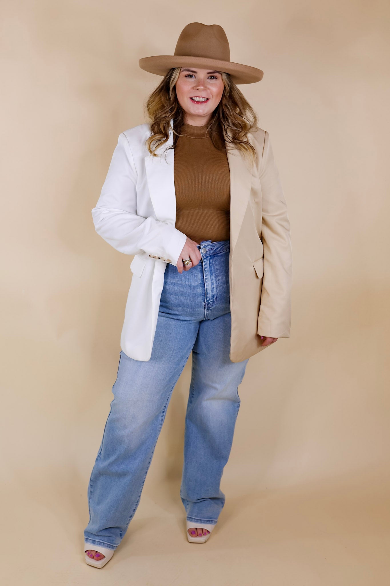 Expect First Class Long Sleeve Color Block Blazer in Beige and White - Giddy Up Glamour Boutique