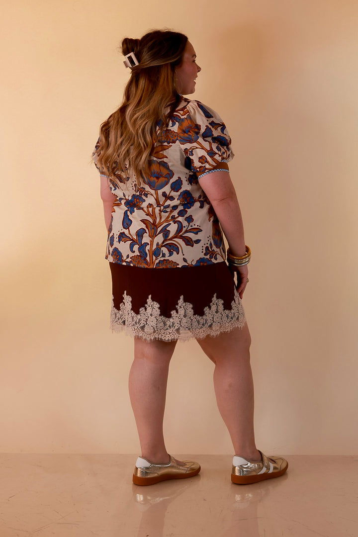 Pop of Polish Short Puff Sleeve Button Front Floral Top with Contrast Trim in Cream, Blue and Camel Brown