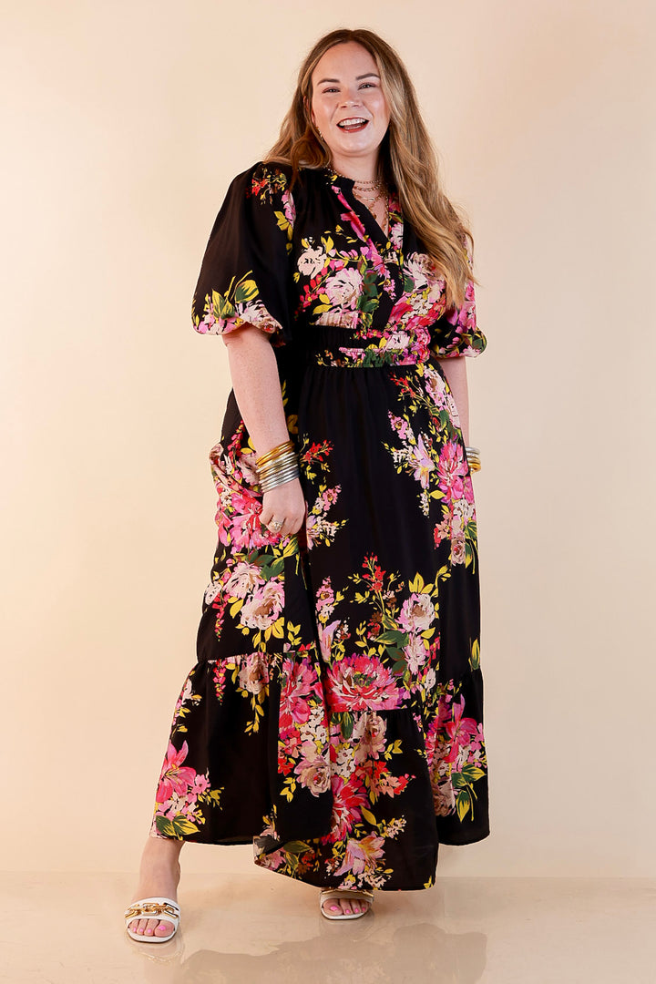 Reserved for Brunch Puff Sleeve Smocked Waist Floral Maxi Dress in Black Multi