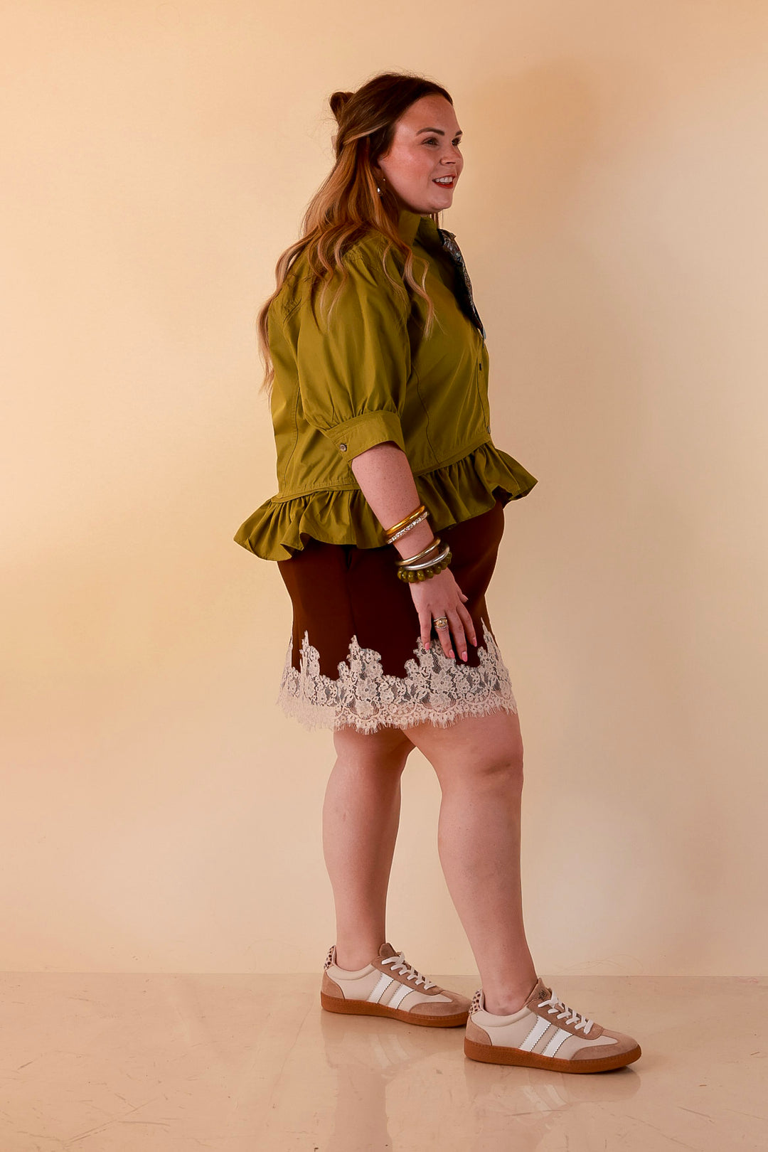 Style Agenda Solid Button Down Peplum Top in Chartreuse Olive Green