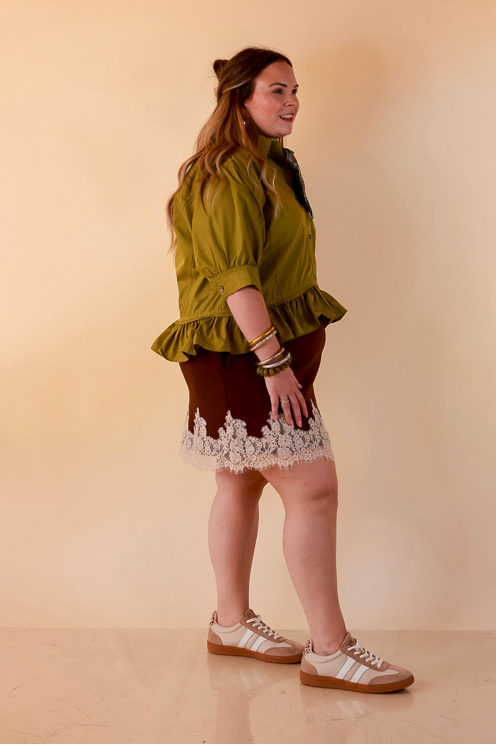 Style Agenda Solid Button Down Peplum Top in Chartreuse Olive Green