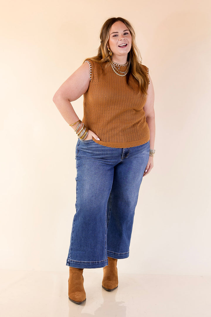 Simply Southern | Olivia Large Knit Sweater Vest with Contrast White Stitching in Tan Brown