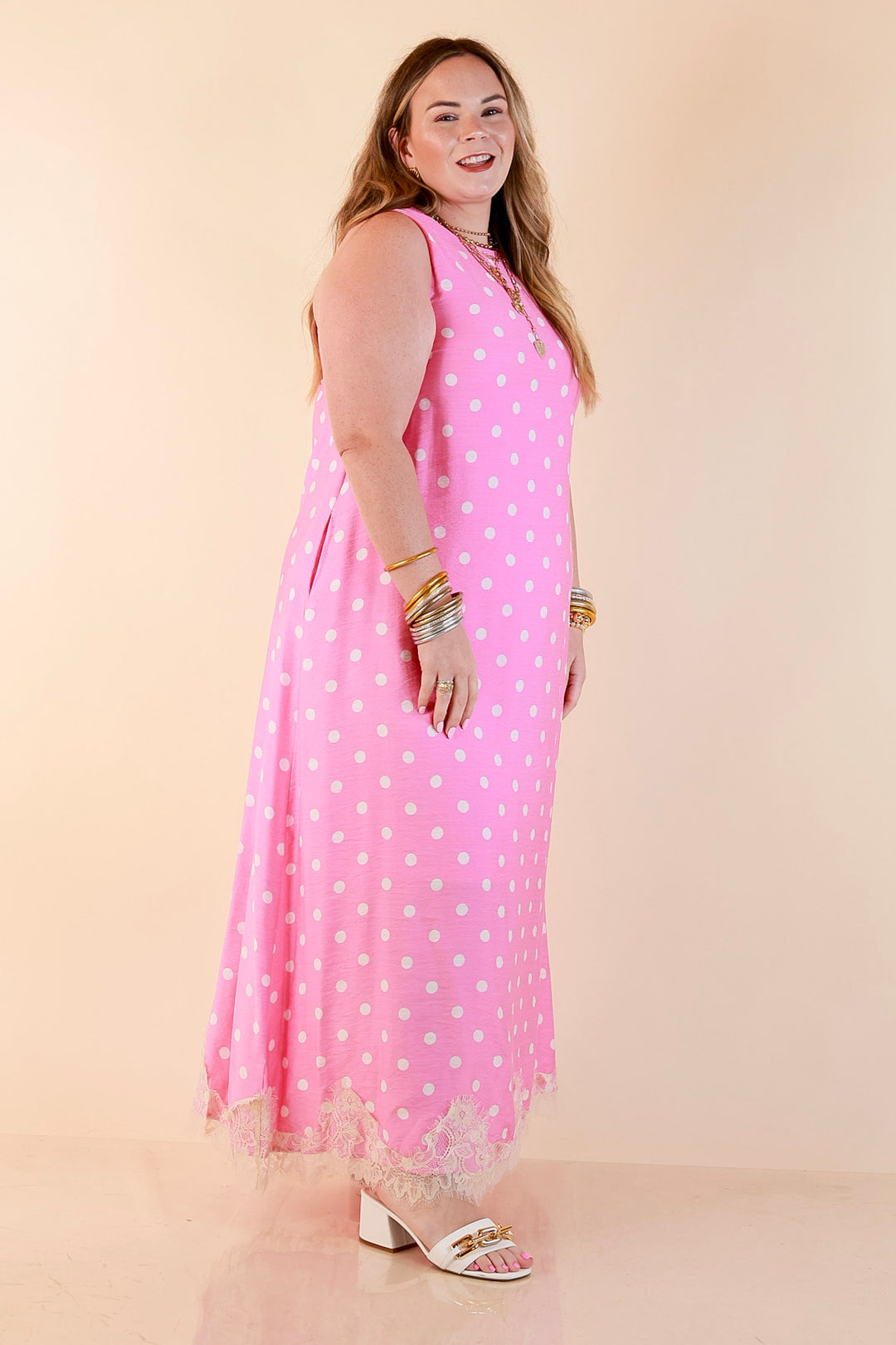 Sweet Little Something Polka Dot Sleeveless Maxi Dress with Lace Trim in Pink